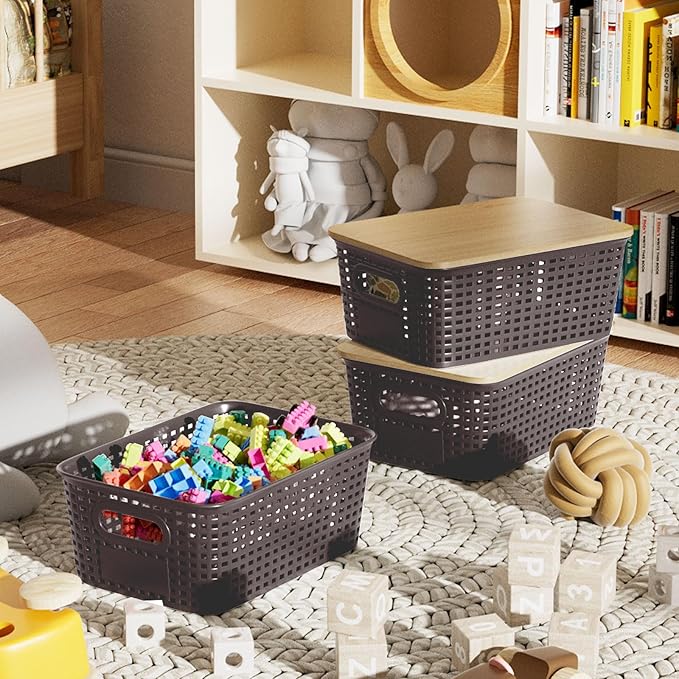 Plastic Storage Bins with Bamboo Lid - Stackable Pantry Storage Organizer with Lid - Storage Basket with Lable for Organizing: Small Storage Box for Shelves Cabinet Office Drawer Desktop 10x7x4in 6Pcs