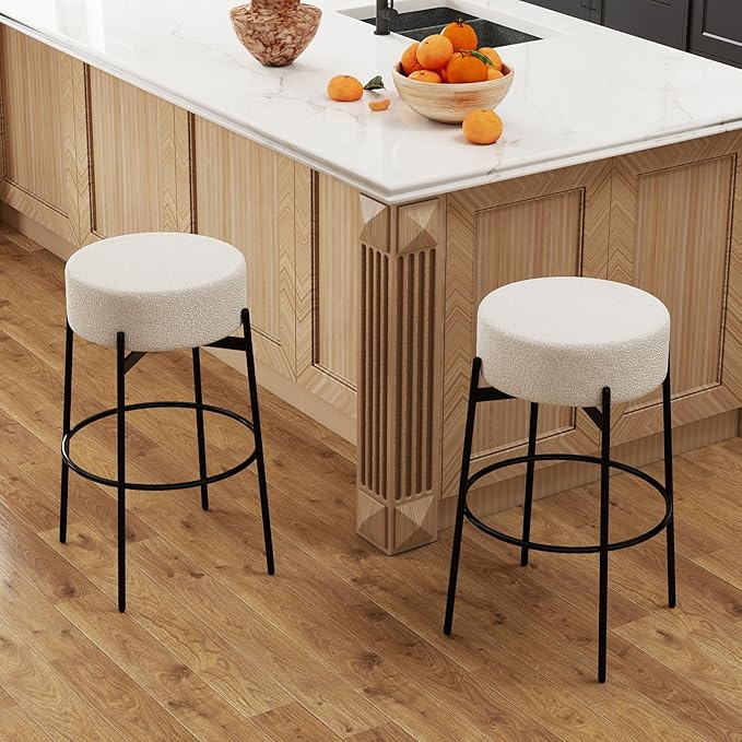 SoarFlash Modern Rotatable Bar Stools Set of 2, 30" Sherpa Swivel Counter Height Stools with Round Soft Padded Boucle Backless Seat, White