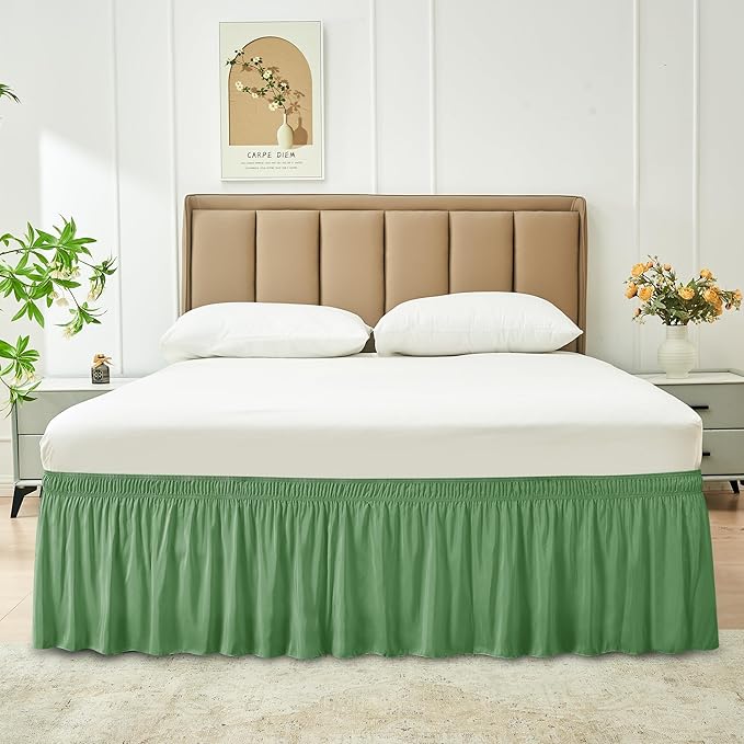 Biscaynebay Wrap Around Bed Skirts for King & Cal King Beds Short Drop of 12", Sage Adjustable Elastic Dust Ruffles Easy Fit Wrinkle Resistant Silky Luxurious Fabric Machine Washable
