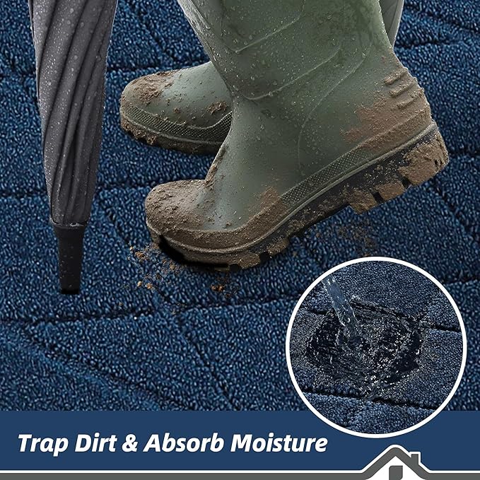 BEQHAUSE Dirt Trapper Door Mat 32" x 72", Doormat Non-Slip Entryway Rugs Washable, Dog Door Mat Stain Resistant and Absorbent Welcome Floor Mat for Front Back Door, Mud Wet Shoes & Paws, Navy Blue