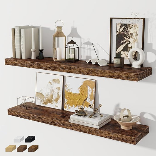 Fun Memories 40" Floating Shelves for Wall, 8 Inch Deep Floating Shelf for Books, Deep Bathroom Shelves Wall Mounted, Rustic Display Shelf for Kitchen, Bedroom, Living Room, Rustic Brown, 2 Pack