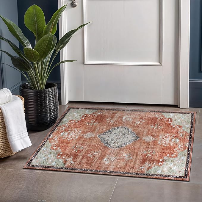 Beverly Rug Non Slip Rugs 2x3 Boho Medallion Floral Non Skid Rubber Backing Easy Silk Soft Entry Rug for Living Room Easy to Clean Non Shedding Kitchen Bedroom Indoor Carpet (2 x 3 Orange - Cream)