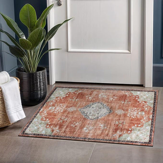 Beverly Rug Non Slip Rugs 2x3 Boho Medallion Floral Non Skid Rubber Backing Easy Silk Soft Entry Rug for Living Room Easy to Clean Non Shedding Kitchen Bedroom Indoor Carpet (2 x 3 Orange - Cream)