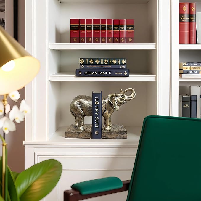 Elephant Bookends Set of 2 – Vintage Resin Animal Sculpture Book Stoppers, Heavy Duty Decorative Book Ends for Home Office Bookshelf