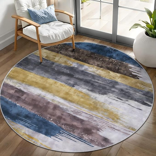 Ciicool 4ft Round Washable Rug, Modern Abstract Circle Rugs, Non-Slip Thin Lightweight Rug Yellow Grey Circular Print Distressed Carpet for Bedroom Living Room Under Dining Table Home Office Decor