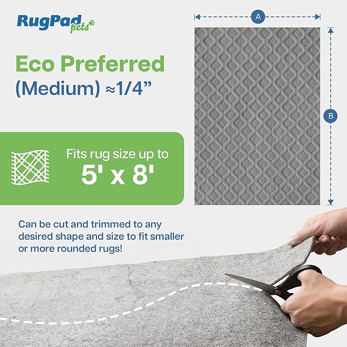 Waterproof Rug Pad Gripper 5x8 ft (1/4" Medium) – Non-Slip Underlay for Area Rugs, Runners, Carpet – Cushioned Padding for Hardwood, Vinyl, Concrete Floors – Washable Mat Protector