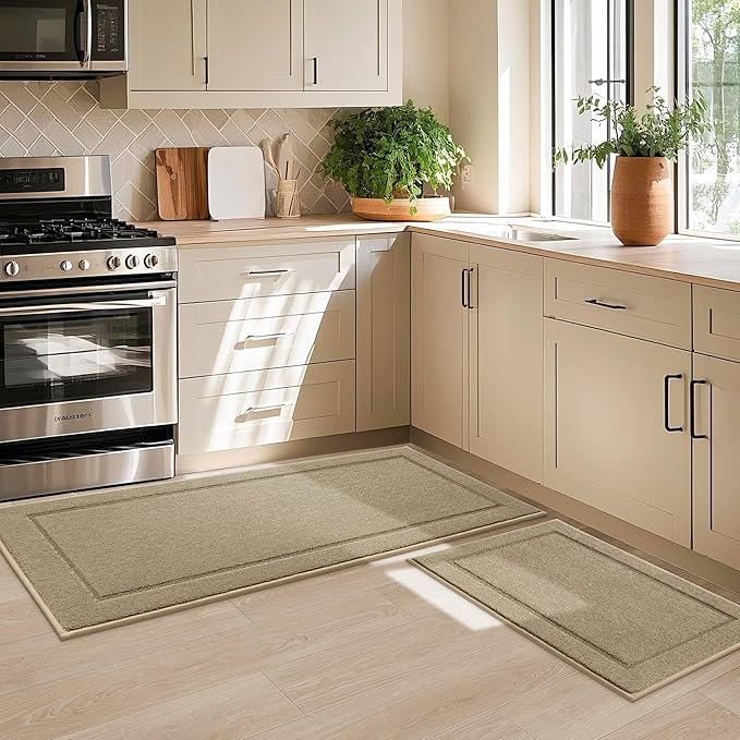 JSEI Non-Slip Kitchen Mats, Self Adhesive No Sliding Kitchen Rugs Set of 2, Washable Absorbent Floor Mat for Kitchen, Bathroom, Laundry Room, Bedroom, 20”x32”+32”x48”, Beige, Rectangular Pattern
