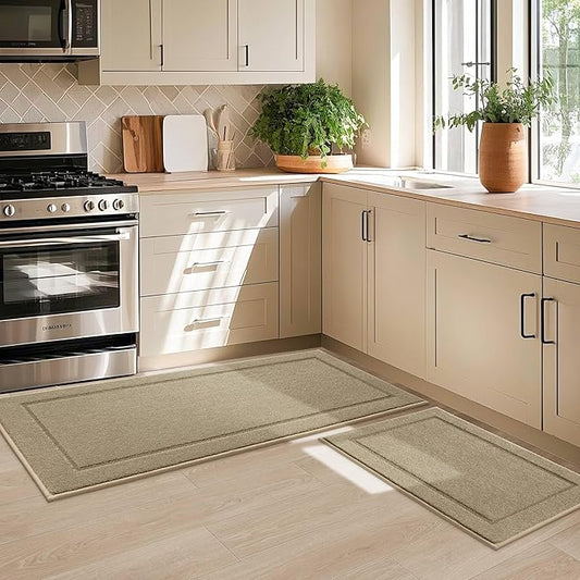 JSEI Non-Slip Kitchen Mats, Self Adhesive No Sliding Kitchen Rugs Set of 2, Washable Absorbent Floor Mat for Kitchen, Bathroom, Laundry Room, Bedroom, 20”x32”+32”x48”, Beige, Rectangular Pattern