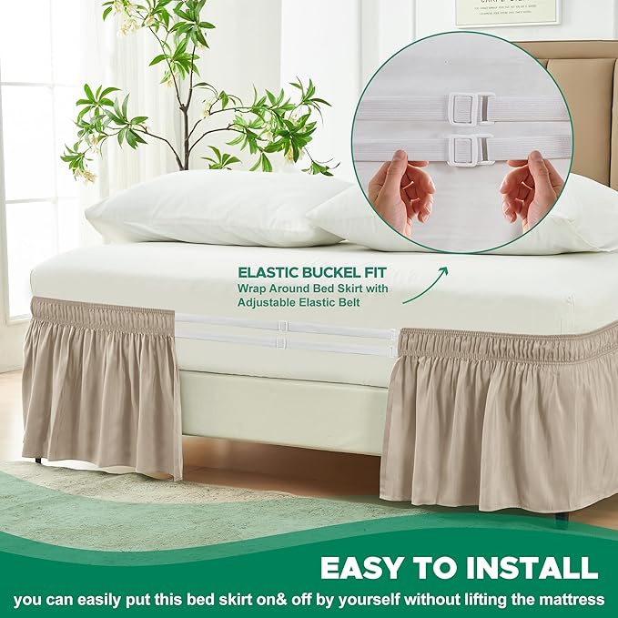 Biscaynebay Wrap Around Bed Skirts for Full & Full XL Beds 15 Inch Drop, Light Camel Elastic Dust Ruffles with Adjustable Belts Silky Luxrious Fabric Machine Washable