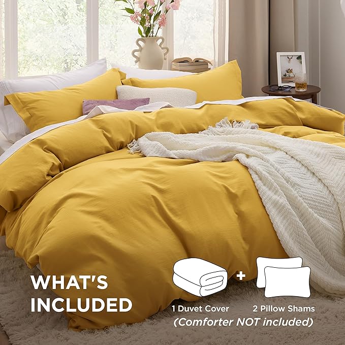 Bedsure Mustard Yellow Duvet Cover Full Size - 3 Pieces Prewashed Extra Soft Cotton-Like Bedding Set, Includes 1 Duvet Cover 80x90 Inches with Zipper Closure & 2 Pillow Shams, Comforter Not Included