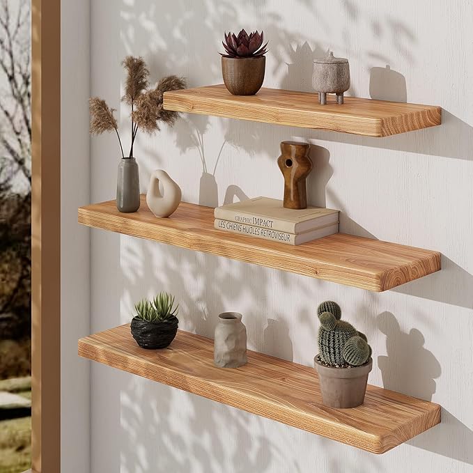 24" Rustic Elm Wood Floating Shelves, 8 Inch Deep Wall Shelves for Home Decor, Wall Mounted Floating Shelf with Invisible Bracket, Heavy-Duty Storage & Display Shelf for Living Room, Kitchen, Set of 2