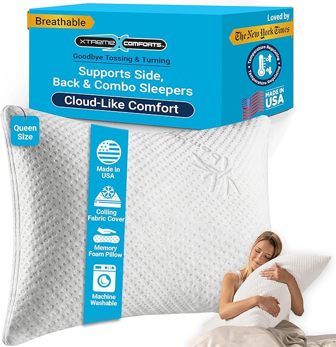 Xtreme Comforts Memory Foam Pillows Made in The USA - Queen Size, Slim Cooling Pillow for Sleeping on Side, Back & Stomach - Firm and Soft Bed Pillows