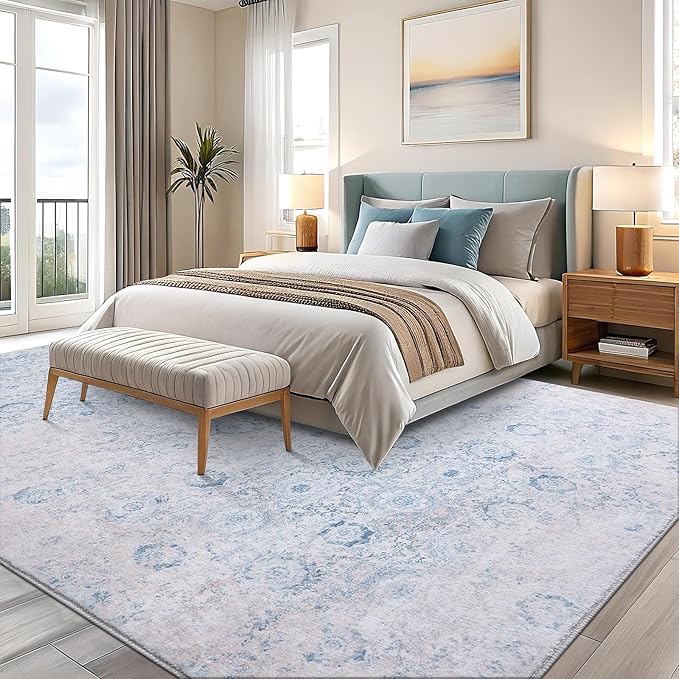 Vanmoos 4x6 Area Rug - Machine Washable, Non-Slip Soft Carpet for Living Room, Bedroom, Office, Dining Room - Durable Accent Rug for Farmhouse & High-Traffic Areas, Nordic Serenity/Blue