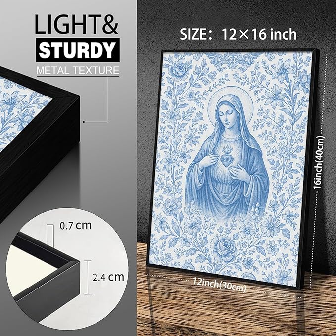 Framed Blue Virgin Mary Immaculate Heart Canvas Wall Art Christian Catholic Wall Decor Our Lady of Guadalupe Portrait Poster Prints Religious Bible Artwork for Living Room Prayer Room Church 12x16in