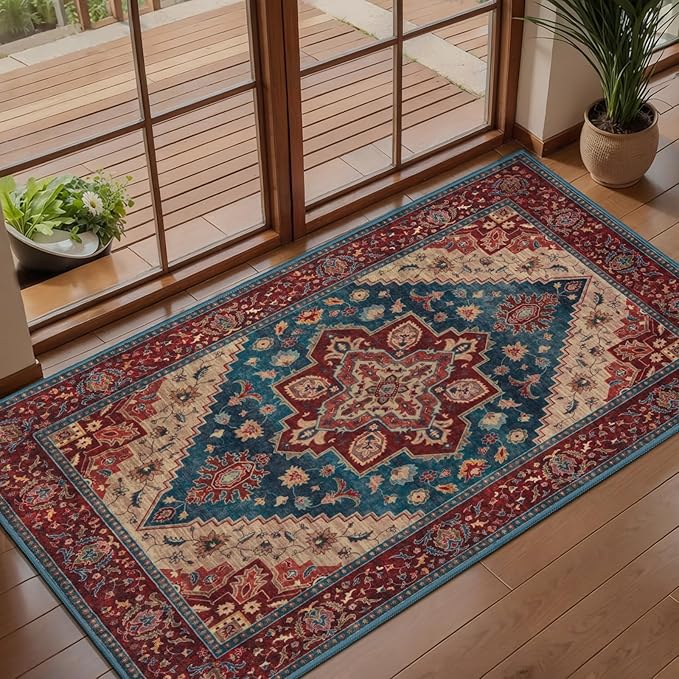 Kitchen Rugs 2x4 Washable Rug for Entryway Vintage Non Slip Small Rugs Front Door Mat Indoor Entrance, Print Distressed Throw Rug Red/Blue, Soft Low Pile Small Carpet for Entry Bedroom Bathroom