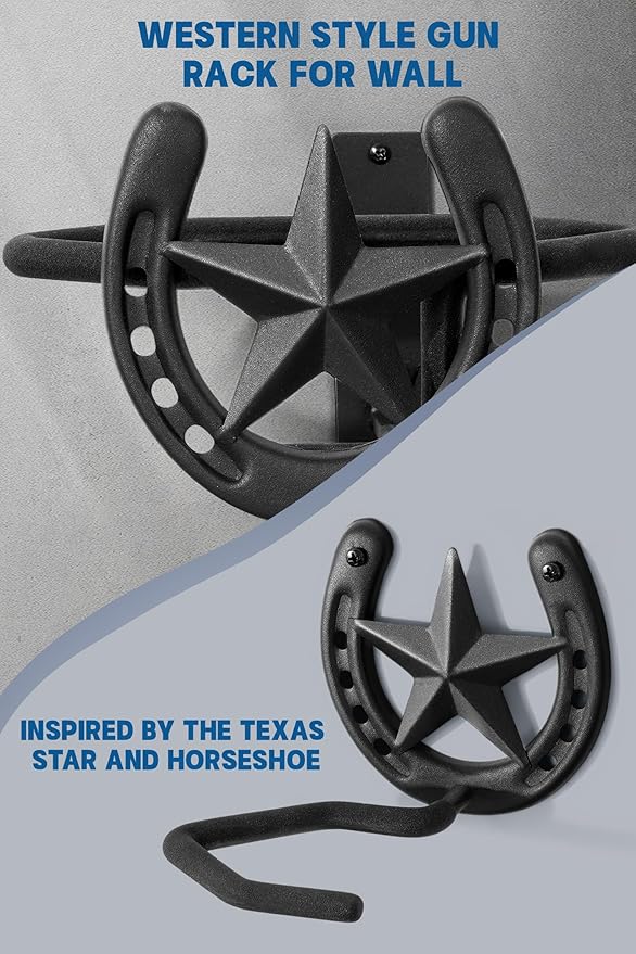 Adowes Gun Rack for Wall Western Shotgun Rifle Rack Wall Mount Metal Wall Gun Hanger Holder Display for Sword Bow Firearm Texas Star and Horseshoe