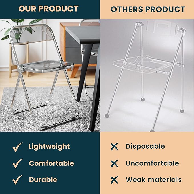 LeisureMod Lawrence Modern Clear Acrylic Folding Chair with Metal Frame, Space-Saving Transparent Seating for Dining Room, Home Office, Bedroom, Vanity or Small Spaces, (Transparent Black, Singles)