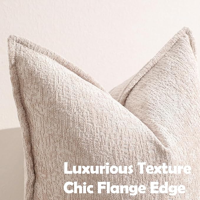 DEZENE Pack of 2 Tan Decorative Throw Pillow Covers 18x18 Cozy Soft Chenille Accent Vintage Square Couch Pillow Covers for Home Decor Bed Sofa Living Room