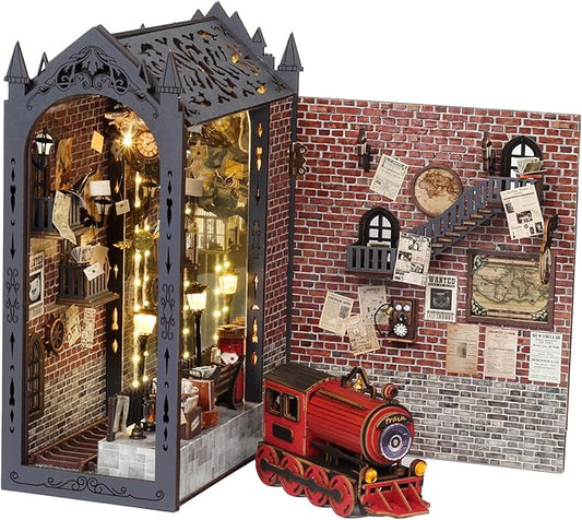 suruim DIY Book Nook Kit Bookend Puzzle Miniature Nook Library Bookshelf Insert Bookends Decoration Books Ornaments Gifts for Adults (Train Station)
