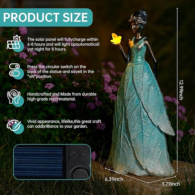 Solar Fairy Statue Collection Home Decoration 12.9 in - Leaf Angel Girls Resin Home Garden Decor for Outside or Inside Rustic Fairy Garden Outdoor Yard Figurines Gifts for Women