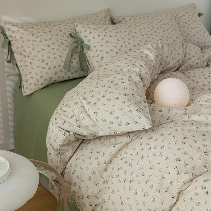 Vintage Style Cotton Duvet Cover Twin 3 Pieces Green Floral Print Duvet Cover Chic Botanical Flower Bedding Sets Cottagecore Floral Comforter Cover Boho Floral Bedding Cover with 2 Bowknot Pillowcases