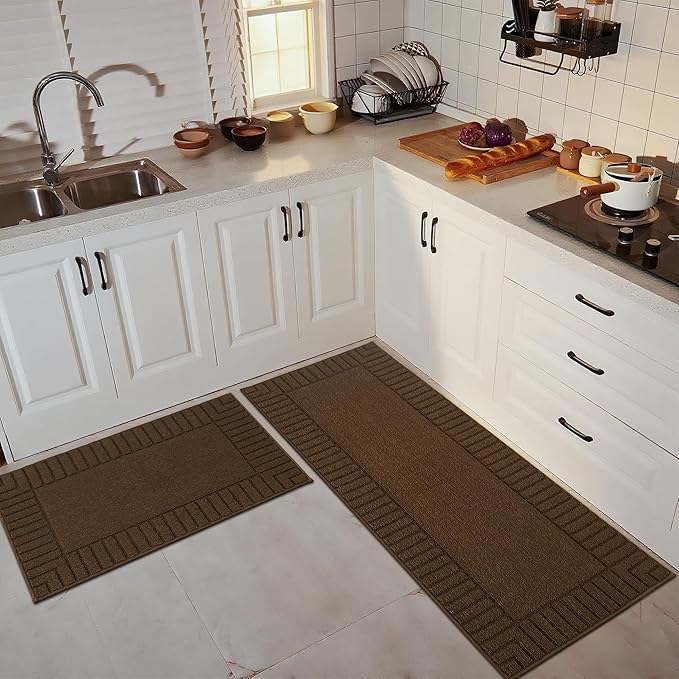 BEQHAUSE-Kitchen-Rugs-Anti-Slip-Kitchen-Mats-for-Floor Absorbent Kitchen Mat Set of 2 Washable Kitchen Runner Rug with TPR Non Skid Backing,Brown 24x35inch/24x60inch
