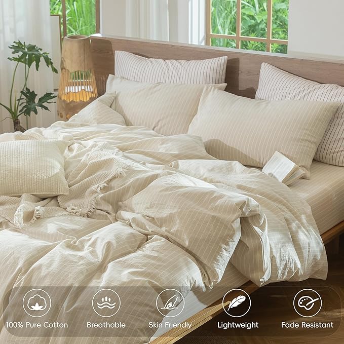 MooMee Striped Duvet Cover Set 100% Washed Cotton Linen Like Textured Breathable Durable Soft Comfy (Almond Milk Grey White Wide Stripes, Full 80"x90")