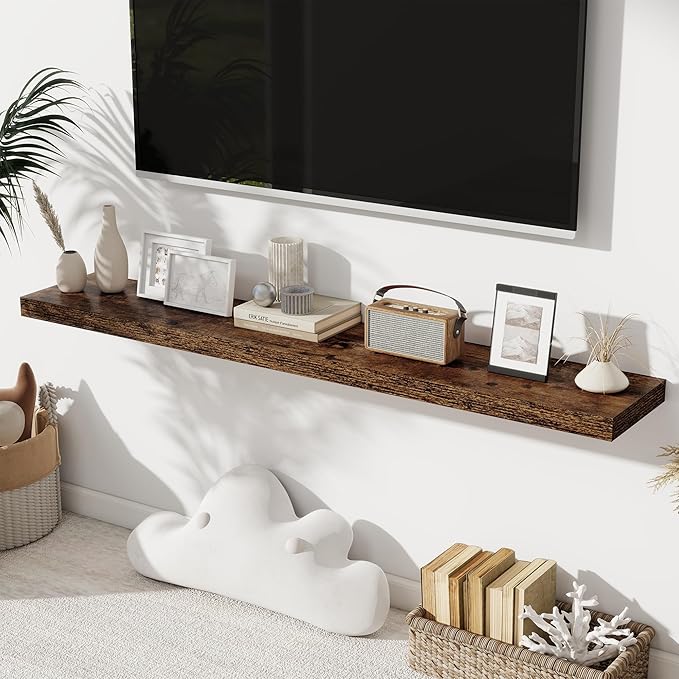 Fun Memories 55 Inch Long Floating Shelves for Wall, 8" Deep Floating Shelves for Bathroom Living Room Bedroom, Rustic Wall Mounted Shelf with Invisible Heavy-Duty Bracket, Set of 2, Rustic Brown