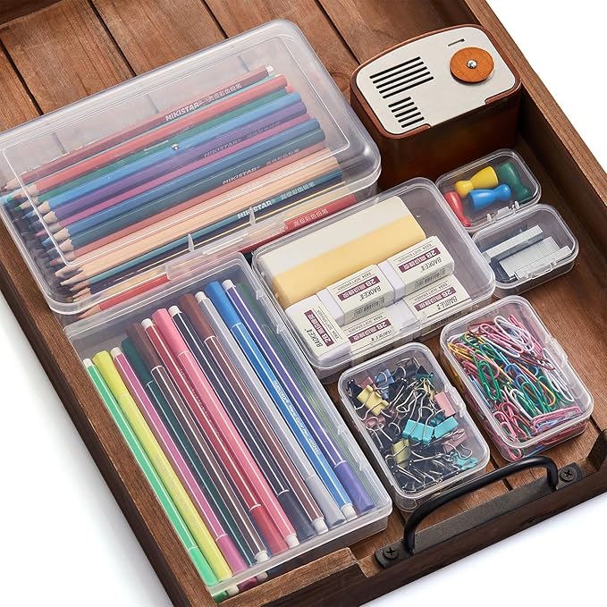 Goodma 42 Pieces Mixed Sizes Rectangular Empty Mini Clear Plastic Organizer Storage Box Containers with Hinged Lids for Small Items and Other Craft Projects