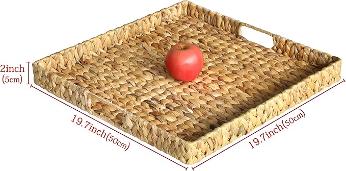 Extra Large Square Ottoman Table Tray 19.7" with Handles - Handmade Wicker Serving Hand Woven Tray for Farmhouse Decorative Oversized Coffee Table Trays Living Room Kitchen Counter Breakfast