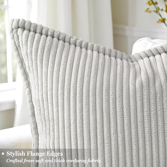 decorUhome Spring Corduroy Grey Euro Sham Throw Pillow Covers 24x24 Set of 2 Decorative Soft Boho Farmhouse Couch Pillow Covers for Living Room Bed Sofa Broadside Striped Pillow Cases