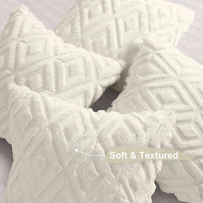 decorUhome Pack of 4 Faux Fur Throw Pillow Covers 20x20, Soft Decorative Couch Pillow Covers with Velvet Back for Modern Sofa Living Room, Cream White