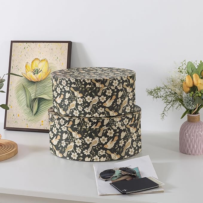 Soul & Lane Large Oval Cardboard Decorative Storage Boxes with Lids - Midnight Blossom Serenade, Set of 2 Cardboard Boxes for Flowers and Gifts, Nesting Memory Containers for Keepsakes and Organizing