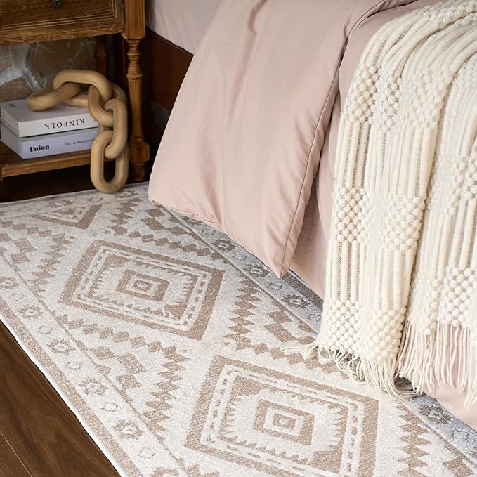 RAMEFILD Moroccan Washable Area Rug 3x5, Geometric Tribal Decorative Woven Rug, Non-Slip Boho Farmhouse Soft Low-Pile Area Rug for Living Room Bedroom Dining Table Nursery, Cream/White