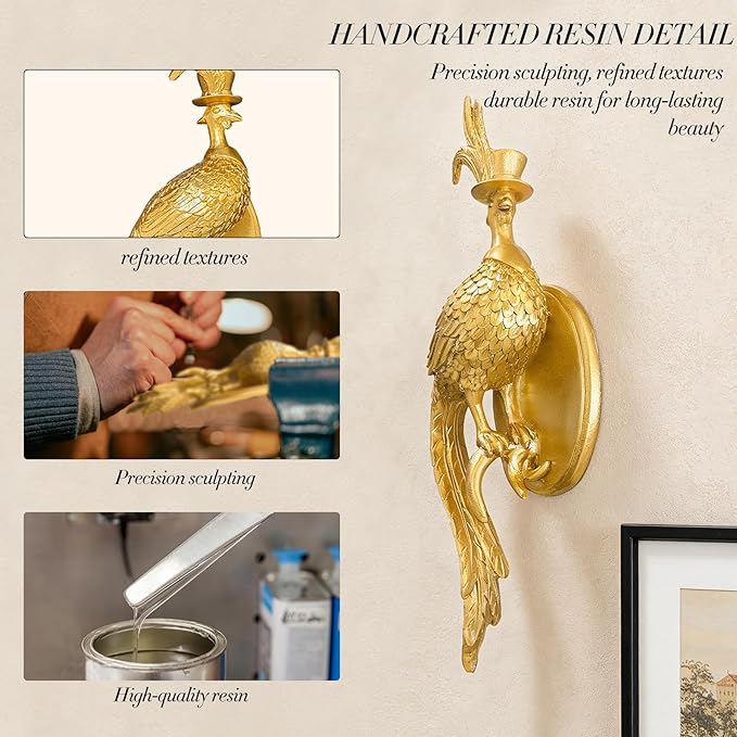 Juedawyal Gold Pheasant Wall Decor, Resin Animal Wall Sculpture, Decorative Animal Wall Art Accent for Living Room, Hallway or Staircase
