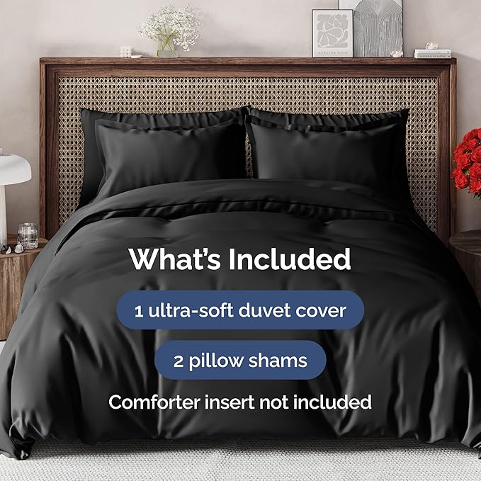 Duvet Cover Full Size Set - Extra Soft Full Size Duvet Cover 80 x 90 with 2 Pillow Shams - Hotel Luxury Quality Easy Care and Fade Free w/Zipper Closures & Ties - Comfy Breathable Bedding Set (Black)