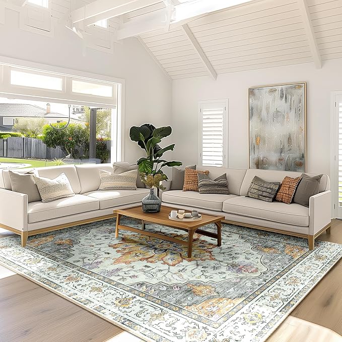 RELEANY Area Rugs 6'x9' Washable Non-Slip, Floral Vintage Distress Print Pattern Medallion Carpet for Living Room Bedroom Dining Room, Light Yellow Carbon Grey Orange