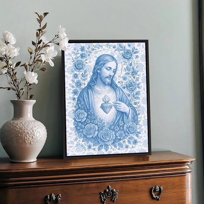 Framed Blue Sacred Heart of Jesus Canvas Wall Art Divine Mercy Wall Decor Jesus Portrait Pictures Catholic Artwork Christian Religious Poster Prints for Living Room Prayer Room Church 16x24in