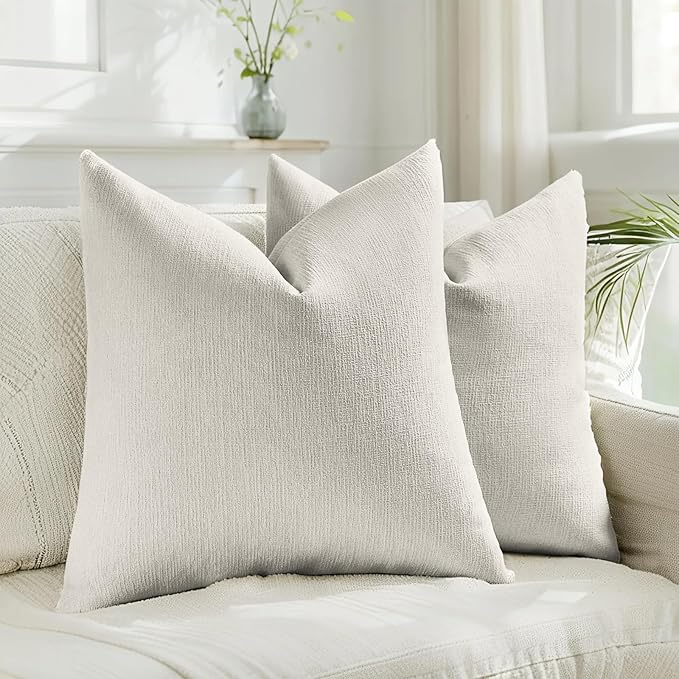 HAUSSY Natural White Wood Throw Pillow Covers 22x22 Inch Set of 2,Boho Decorative Faux Linen Throw Pillows Cozy Farmhouse Accent Cushion Covers,Home Decor for Couch Sofa Bed Living Room