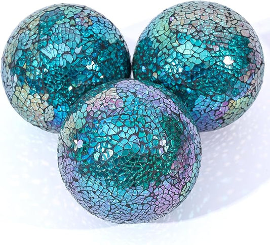 DomeStar 3PCS Decorative Balls for Bowls, 4 Inch Turquoise Orbs Glass Balls for Centerpiece Bowls Mosaic Sphere for Home Decoration Dining Table