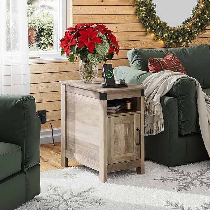 WLIVE End Table with Charging Station, Narrow Side Table for Living Room, Farmhouse Night Stand with Storage, Small Wooden Nightstand with USB Ports and Outlets for Living Room and Bedroom, Greige
