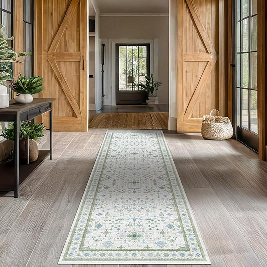 Hazo Haus Oushak Runner 2x10 Hallway Rug - Floral Pastel Boho, Washable Low Pile Non Slip Extra Long Runner Rugs for Kitchen, Hall Way - Cream Blue and Green