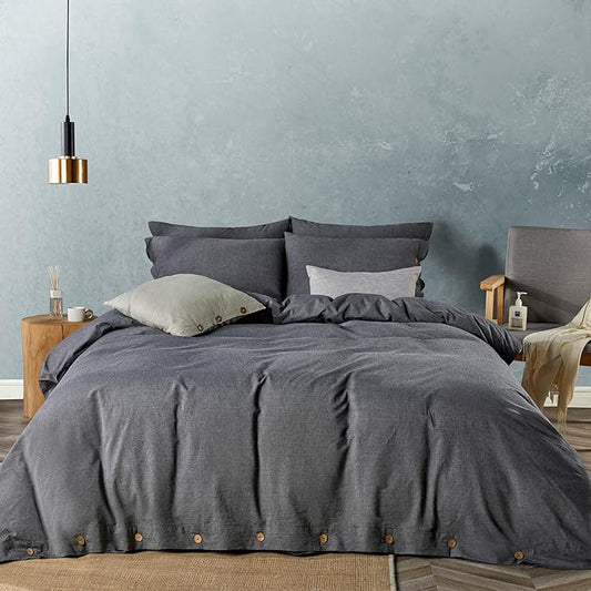 JELLYMONI Cotton Duvet Cover Queen Size - Black Comforter Cover with Button 100% Washed Cotton 3PCS Breathable Soft Solid Bedding Set Duvet Cover 90×90in & 2 Pillowcases (NO Comforter)