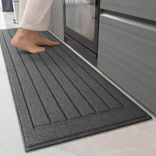 Color&Geometry Striped Designed Absorbent Washable Polypropylene Kitchen Floor Mat, Grey 17"x59", Non Slip TPE Backed, Low-Profile Sink Runner Rugs, Easy Clean Long Kitchen Carpet (Roll Packed)