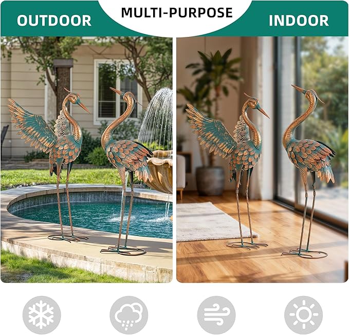 Extra-Large 36.8" Metal Crane Garden Statue, Handcrafted Blue Heron Decor Sculptures with Stable U-Ground Stakes, Backyard Decoration, Metal Garden Bird Animal Yard Art, Lawn Ornament Decor