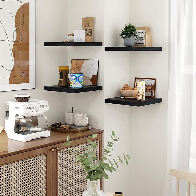 Fun Memories Floating Shelves for Wall - 12 Inch Square Shelves with Invisible Brackets, Black Small Wall Shelf for Living Room, Bathroom, Bedroom, and Kitchen Decor，Set of 4