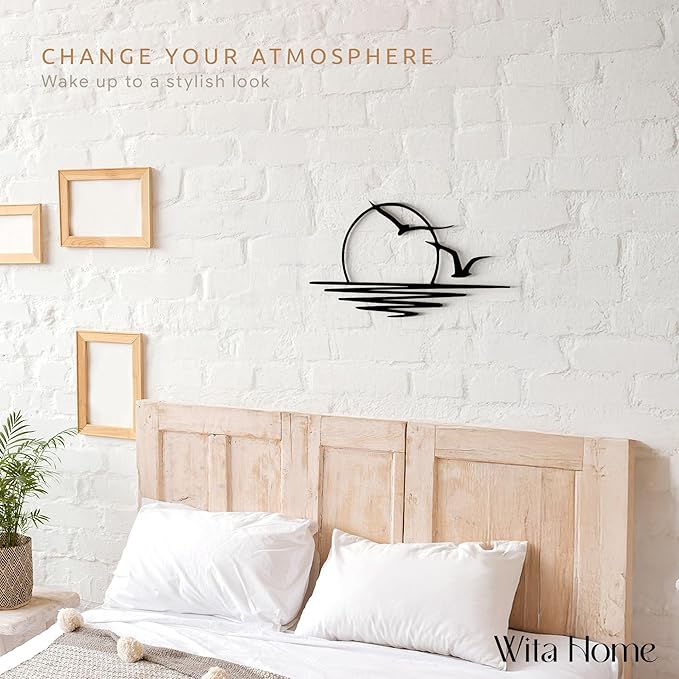 Wita Home Sunset with Seagulls Metal Wall Mounted Art, Handcrafted Metal Home Decor with Static Powder Coating, Eye-Catching Addition to Living Room Decor, Modern Beach Decor for Indoor and Outdoor Spaces, Perfect Housewarming Gift (18 x 9 inches)