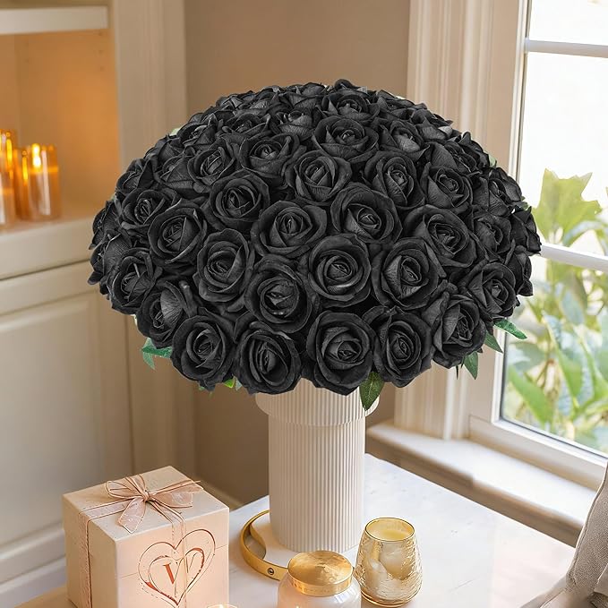 50 PCS Black Roses Artificial Flowers, Fake Roses with Stem Realistic Silk Roses for DIY Wedding Bouquets Table Centerpieces Arrangements Baby Shower Birthday Home Decor Valentine's Day Gift for Her