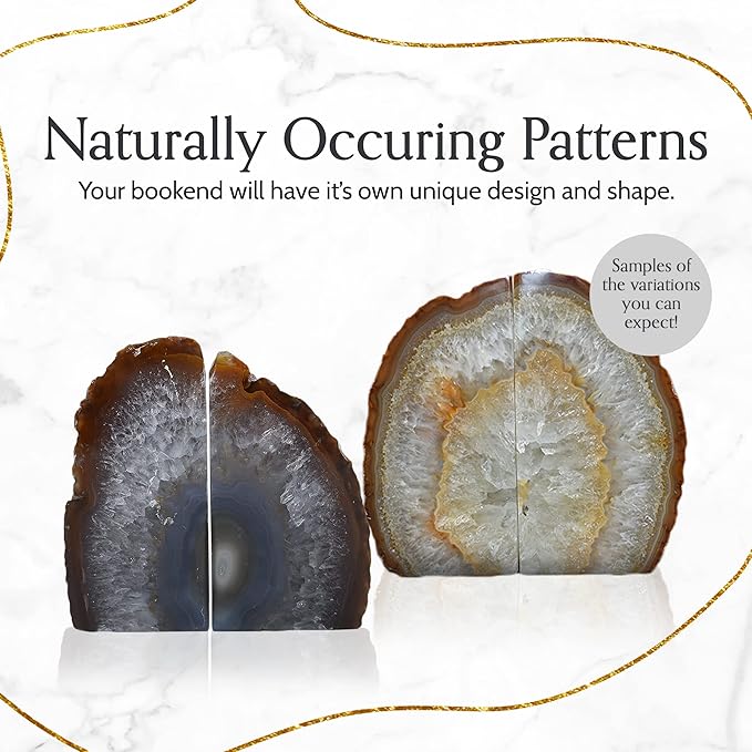 Nature's Decorations Natural Agate Bookends – A+ Grade Geode Heavy Duty Decorative Stone Crystal Book Ends for Shelves & Bookcases, Polished Bookshelf Decor, 1 Pair 3-4Lbs