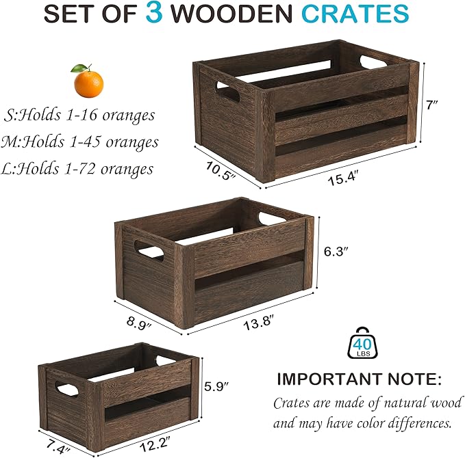 ELONG HOME 3 Pack Nesting Wooden Crates, Rustic Wood Basket with Handles, Decorative Farmhouse Wooden Storage Boxes